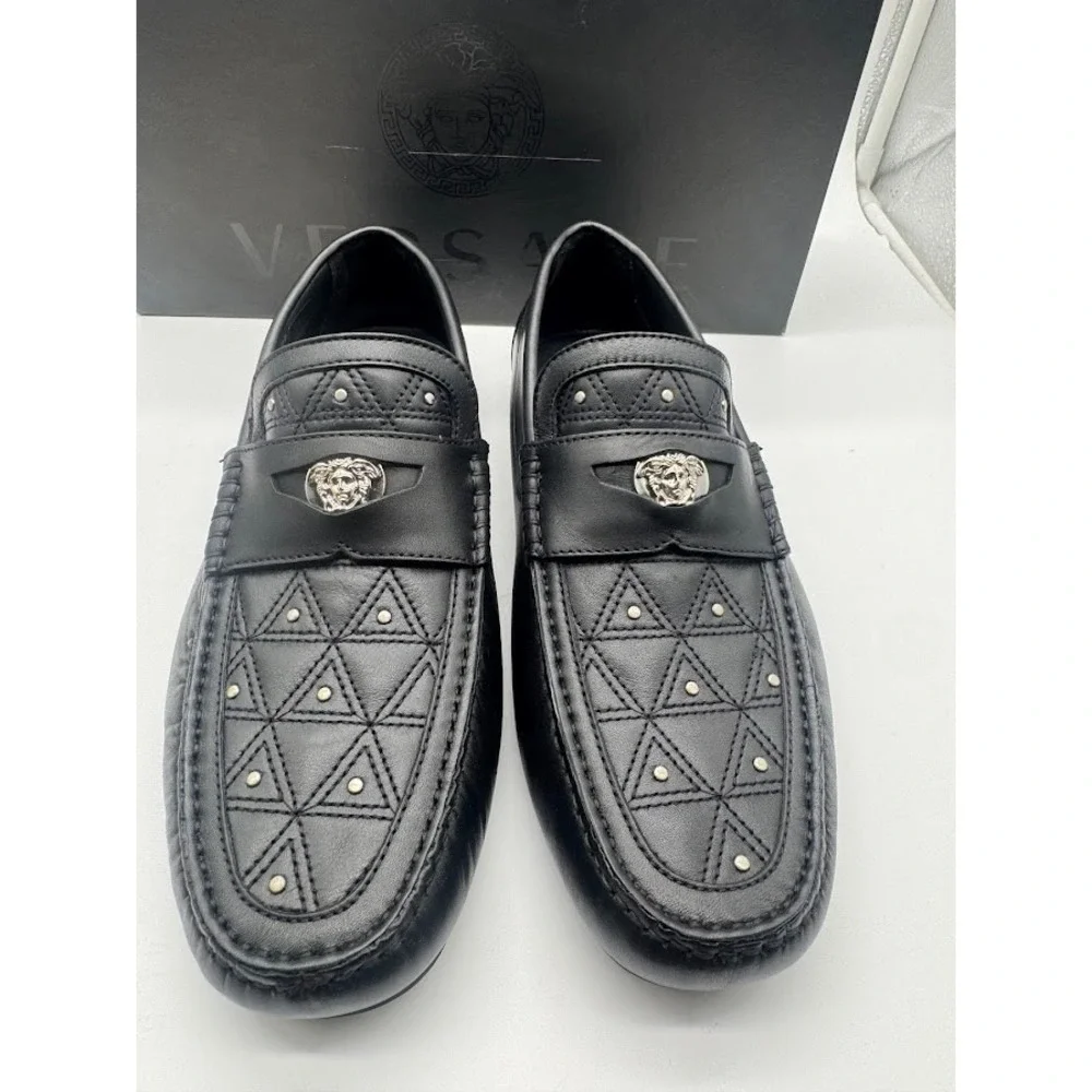 Versace Imola Medusa Leather Driver Loafers Black Mens EU 39 US 6 DSU6051 NIB